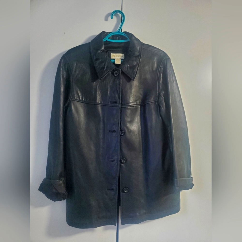 Merona Black Leather Button Coat Men's Small
